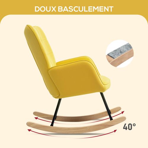 Fauteuil à Bascule Rocking Chair Design Acier Piètement Bois Effet Velours