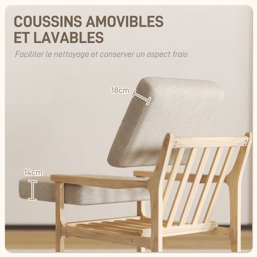 Fauteuil Lounge Style Nordique Bois Naturel Tissu Beige