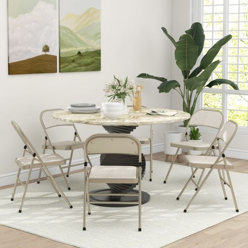 Lot De 6 Chaises Pliantes Assise Dossier Rembourrés Acier Tissu Beige