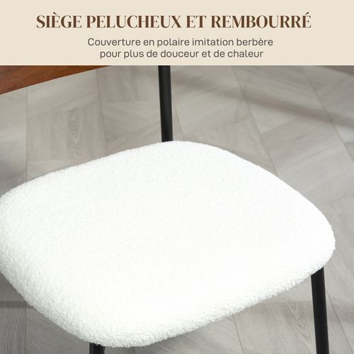 Lot De 2 Chaises Style Vintage Métal Noir Aspect Bois Effet Laine Bouclée Blanc Crème