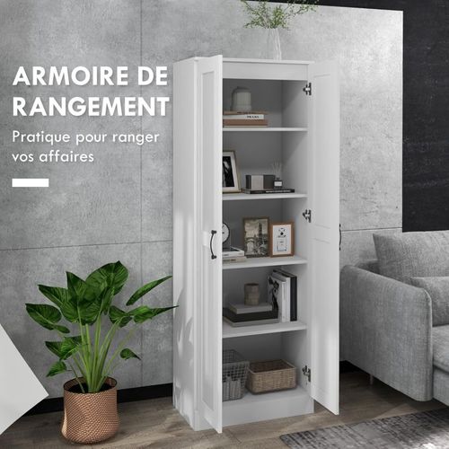 Armoire 2 Portes 4 Étagères Poignées Métal Noir Panneaux Blanc