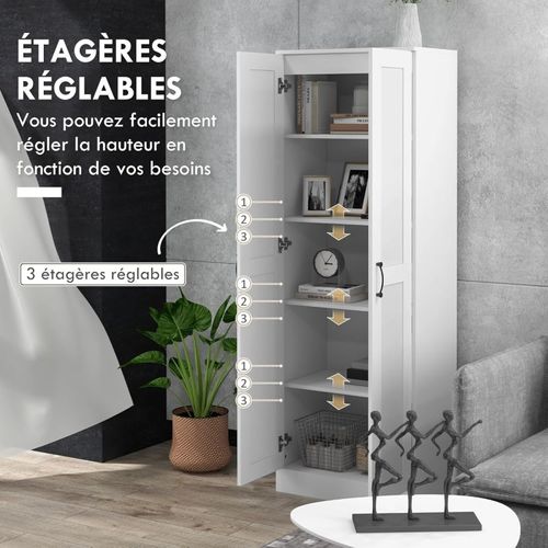 Armoire 2 Portes 4 Étagères Poignées Métal Noir Panneaux Blanc