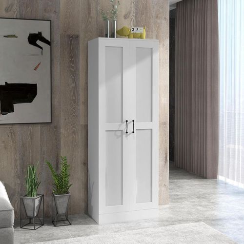 Armoire 2 Portes 4 Étagères Poignées Métal Noir Panneaux Blanc