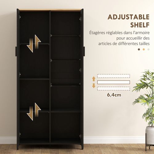 Armoire De Rangement 2 Portes 7 Étagères Aspect Bois Verre