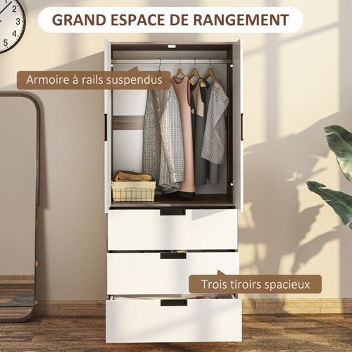 Armoire De Chambre 2 Portes - Penderie, 3 Tiroirs - Blanc Effet Bois