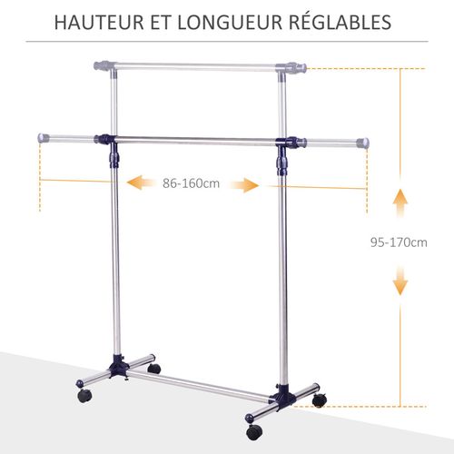 Portant à Vêtements Ajustable Sur Roulettes Kanty Acier