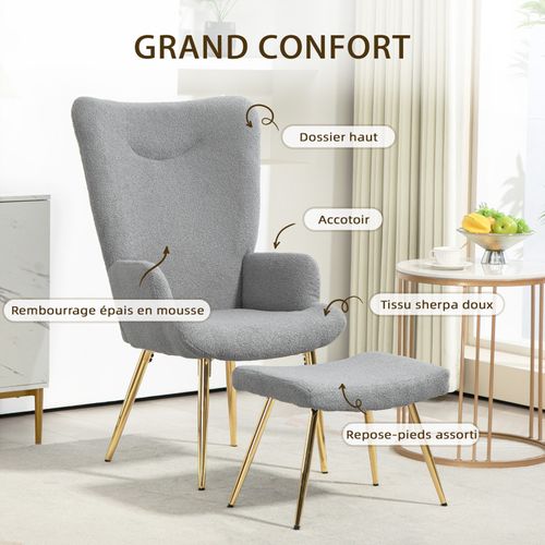 Ensemble Fauteuil Et Repose-pieds Gussy Gris Et Doré 