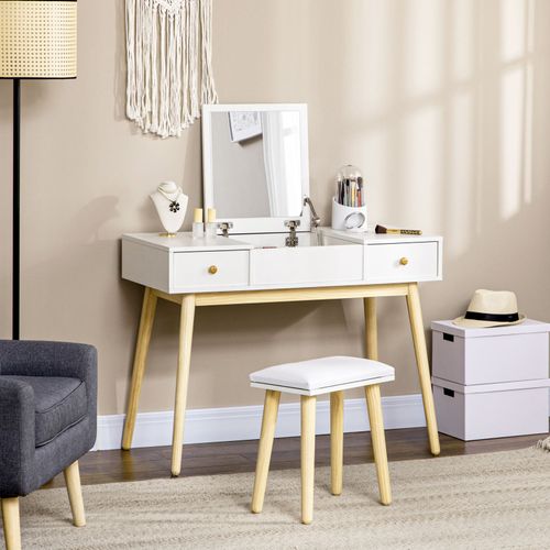 Coiffeuse Avec Miroir Et Tabouret Indira Blanche Et Bois