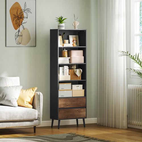 Bibliothèque 4 Étagères 2 Tiroirs Carbon Gris Charbon Et Effet Bois