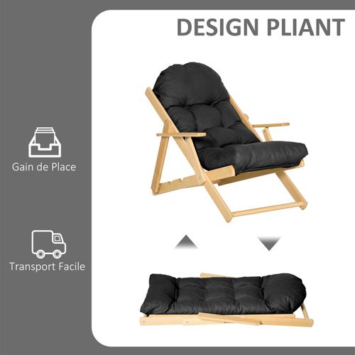 Fauteuil De Jardin Pliable Bois Avec Coussin Nils Noir
