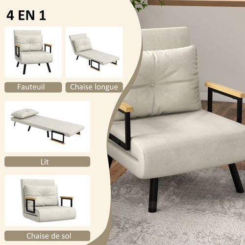 Fauteuil Convertible 3 En 1 Mira Velours Crème Et Bois