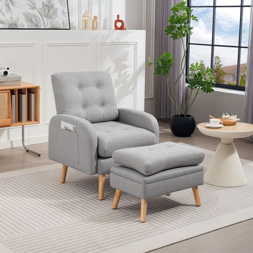 Fauteuil Et Repose-pieds Design Nordique Boldy Effet Lin Gris Clair