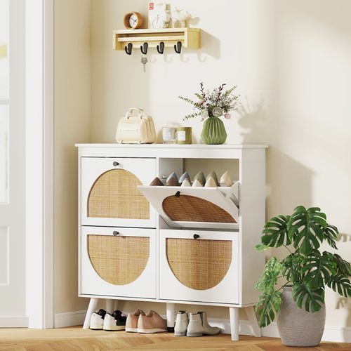 Meuble à Chaussures 4 Portes Rotin Valeria Aspect Bois Blanc