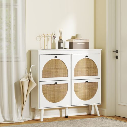 Meuble à Chaussures 4 Portes Rotin Valeria Aspect Bois Blanc