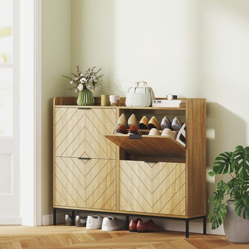 Meuble à Chaussures Design 4 Portes Carlos Aspect Chêne Et Noir