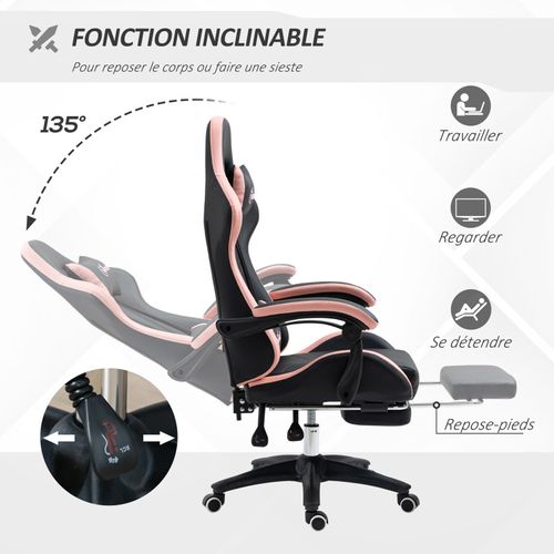 Chaise Gaming De Bureau Inclinable Lauretta Noir Et Rose