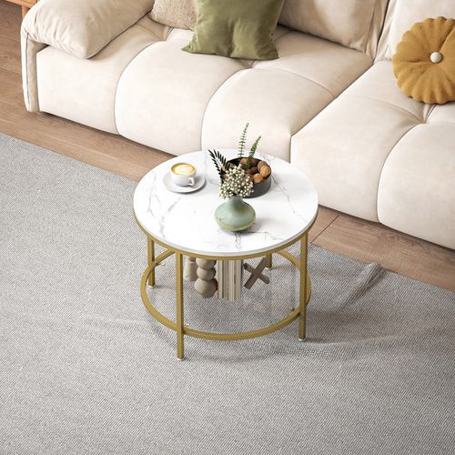 Table Basse Ronde Étagère Verre Aurelia Effet Marbre Blanc Et Or