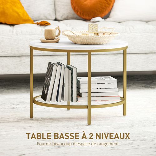 Table Basse Ronde Étagère Verre Aurelia Effet Marbre Blanc Et Or
