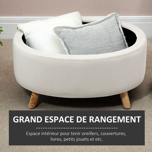 Pouf Coffre De Rangement Piètement Bois Velours Camille Beige
