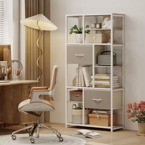 Bibliothèque Étagères Avec Tiroirs Coimbra Aspect Chêne, Blanc Et Beige