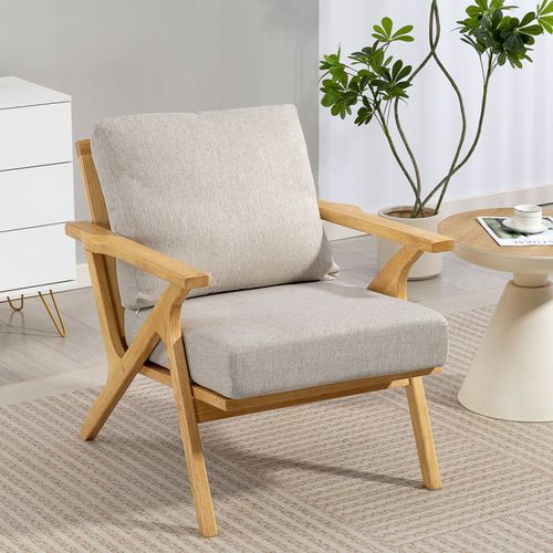Fauteuil Lounge Nordique Qortoq Bois D’hévéa Et Tissu Beige