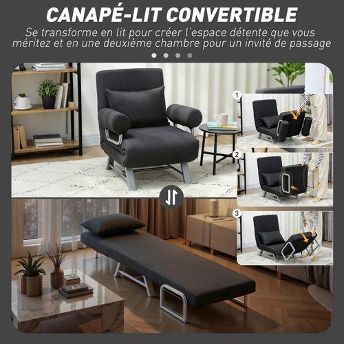 Fauteuil Chauffeuse Navik Convertible Inclinable En Tissu Lin Noir