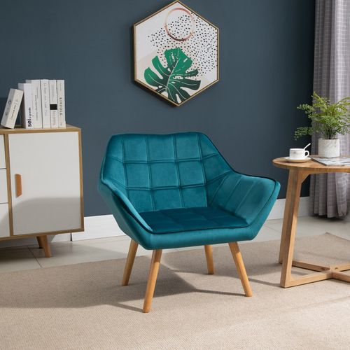 Fauteuil Salon Scandinave Tasiilaq Bois Et Velours Bleu Canard