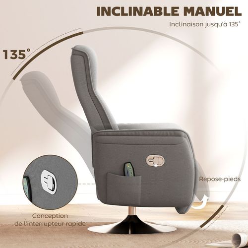 Fauteuil Relax Massant Pivotant Nukia Tissu Gris Et Acier Chromé