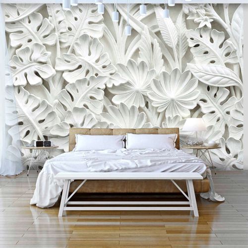 Papier Peint Feuillage Blanc En Relief Pour Déco Raffinée 300 X 210 Cm Blanc