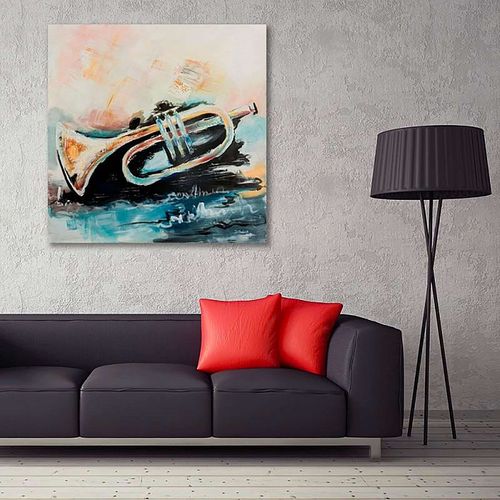 Tableau Trompette 40 X 40 Cm Bleu