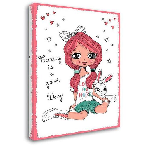 Tableau Fille Avec Lapin 30 X 40 Cm Rose