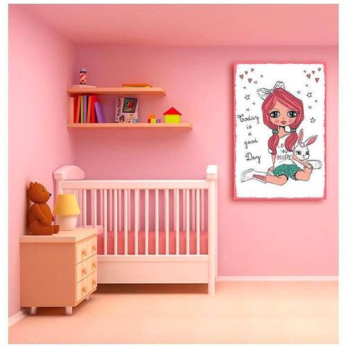 Tableau Fille Avec Lapin 30 X 40 Cm Rose