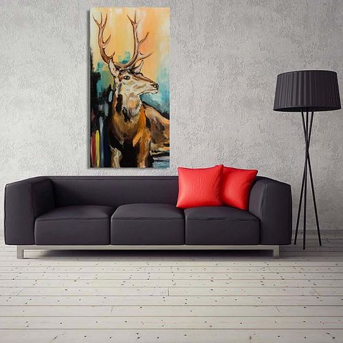 Tableau Bois Cerfs Peints 50 X 70 Cm Orange