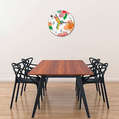 Horloge Murale Fantaisiste Colibri Et Fleurs Colorées 60 X 60 Cm Blanc
