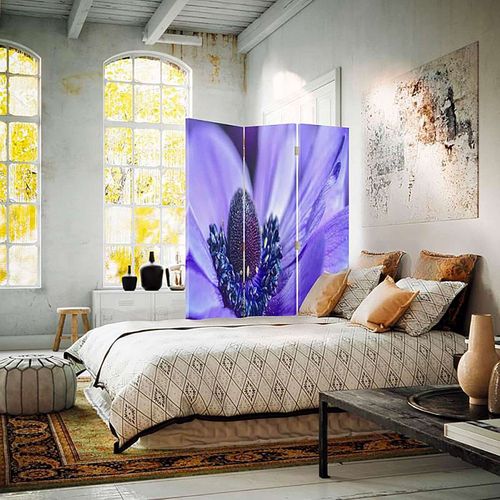 Paravent Déco 3 Volets Motif Fleur Bleu-violet Élégant 110 X 150 Cm - 2 Faces R° V° + 360° Bleu