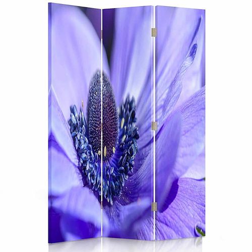 Paravent Déco 3 Volets Motif Fleur Bleu-violet Élégant 110 X 150 Cm - 2 Faces R° V° + 360° Bleu