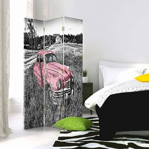 Paravent Déco Vintage Voiture Rose En Campagne 3 Panneaux 110 X 150 Cm - 2 Faces R° V° + 360° Rose
