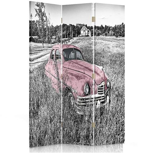 Paravent Déco Vintage Voiture Rose En Campagne 3 Panneaux 110 X 150 Cm - 2 Faces R° V° + 360° Rose