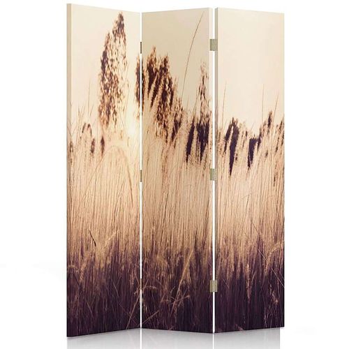 Paravent Design Herbe Haute En 3 Volets Pour Intérieur 110 X 150 Cm - 2 Faces R° V° + 360° Beige
