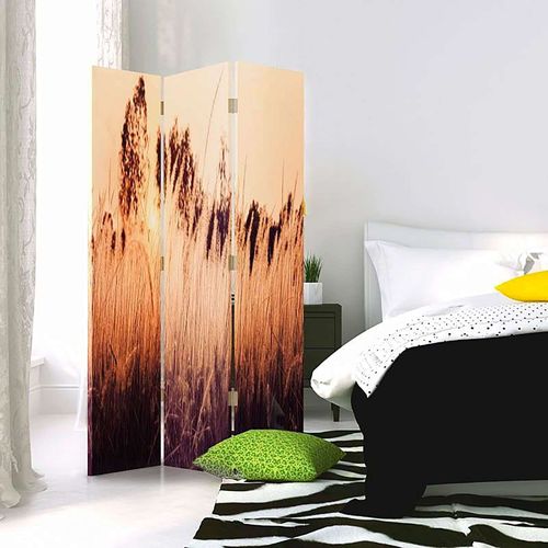 Paravent Design Herbe Haute En 3 Volets Pour Intérieur 110 X 180 Cm - 2 Faces R° V° + 360° Beige