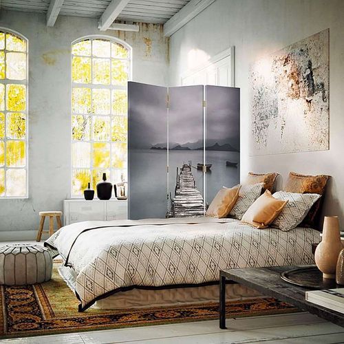 Paravent Décoratif Pont Et Lac, Séparateur D'espace 3 Panneaux 110 X 180 Cm - 1 Face Déco Gris