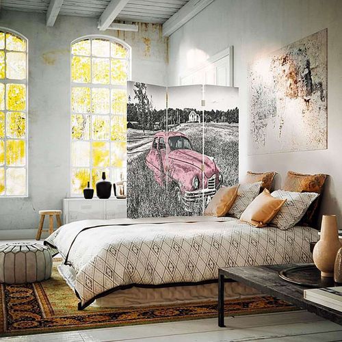 Paravent Déco Vintage Voiture Rose En Campagne 3 Panneaux 110 X 180 Cm - 1 Face Déco Rose