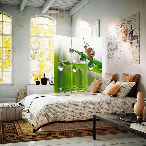 Paravent Design Escargots Et Rosée Sur Brins D'herbe 110 X 180 Cm - 1 Face Déco Vert