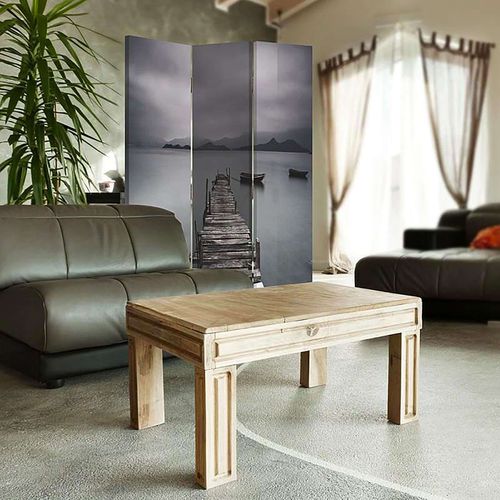 Paravent Décoratif Pont Et Lac, Séparateur D'espace 3 Panneaux 110 X 150 Cm - 2 Faces R° V° Gris