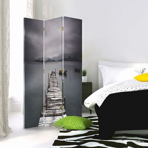 Paravent Décoratif Pont Et Lac, Séparateur D'espace 3 Panneaux 110 X 180 Cm - 2 Faces R° V° Gris