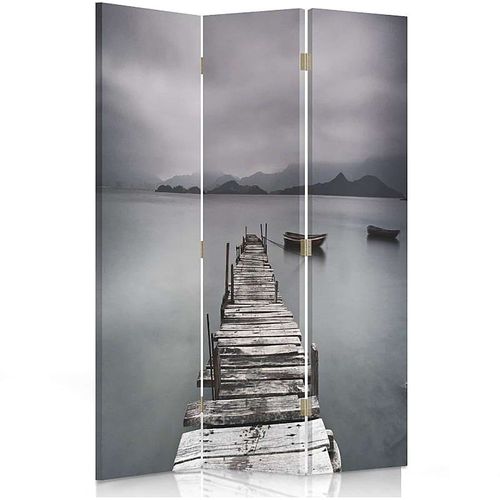 Paravent Décoratif Pont Et Lac, Séparateur D'espace 3 Panneaux 110 X 180 Cm - 2 Faces R° V° Gris