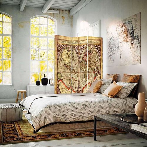 Paravent 3 Volets Déco Murale Carte Du Vieux Monde Vintage 110 X 180 Cm - 2 Faces R° V° Marron