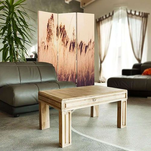 Paravent Design Herbe Haute En 3 Volets Pour Intérieur 110 X 150 Cm - 2 Faces R° V° Beige