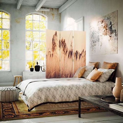 Paravent Design Herbe Haute En 3 Volets Pour Intérieur 110 X 180 Cm - 2 Faces R° V° Beige