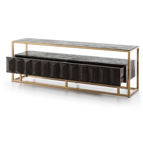 Meule TV En Bois Cérusé Marron Structure Métal Doré L180cm